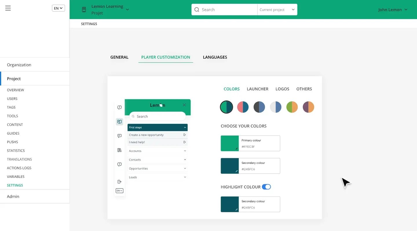 Player customization styled with your brand colors