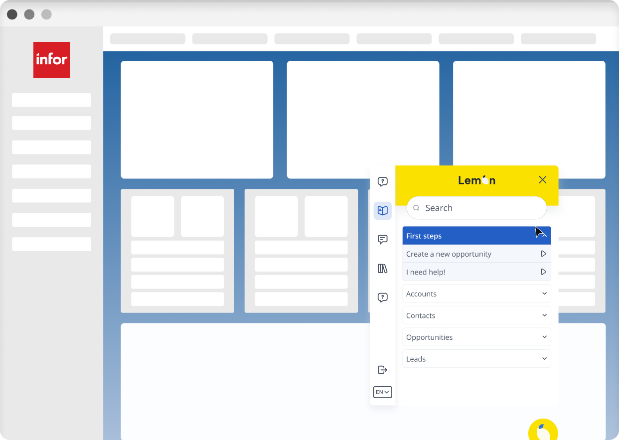 Lemon Adoption — in-app guide running on a live Infor screen