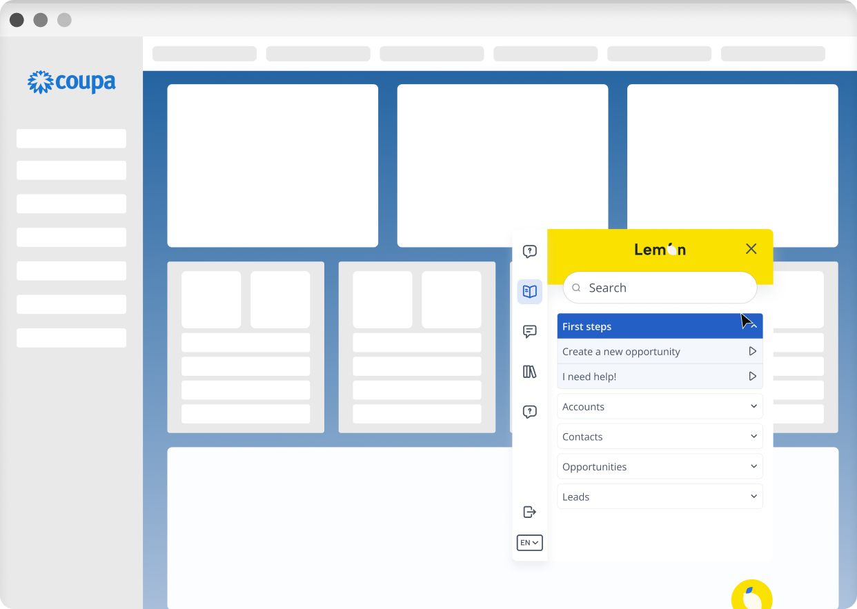 Lemon Adoption — in-app guide running on a live Coupa screen