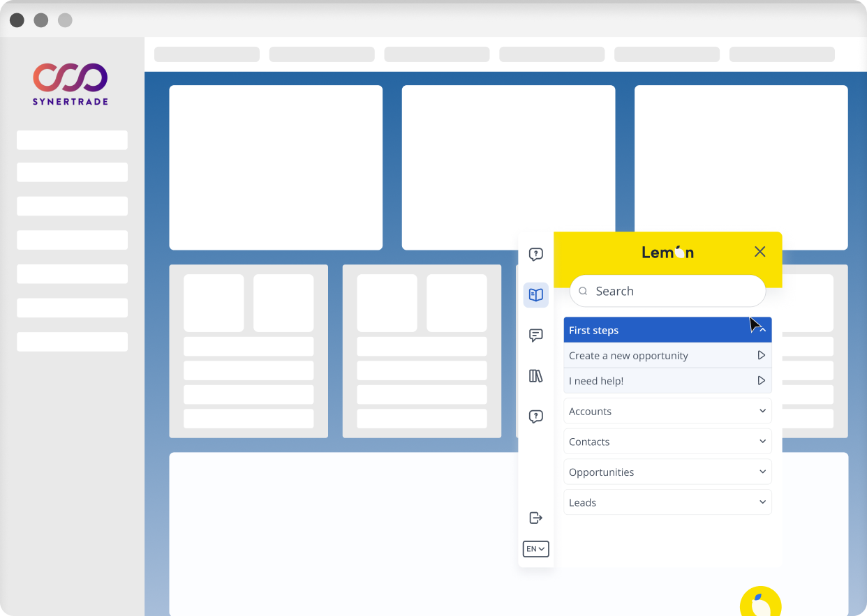 Lemon Adoption — in-app guide running on a live Synertrade screen