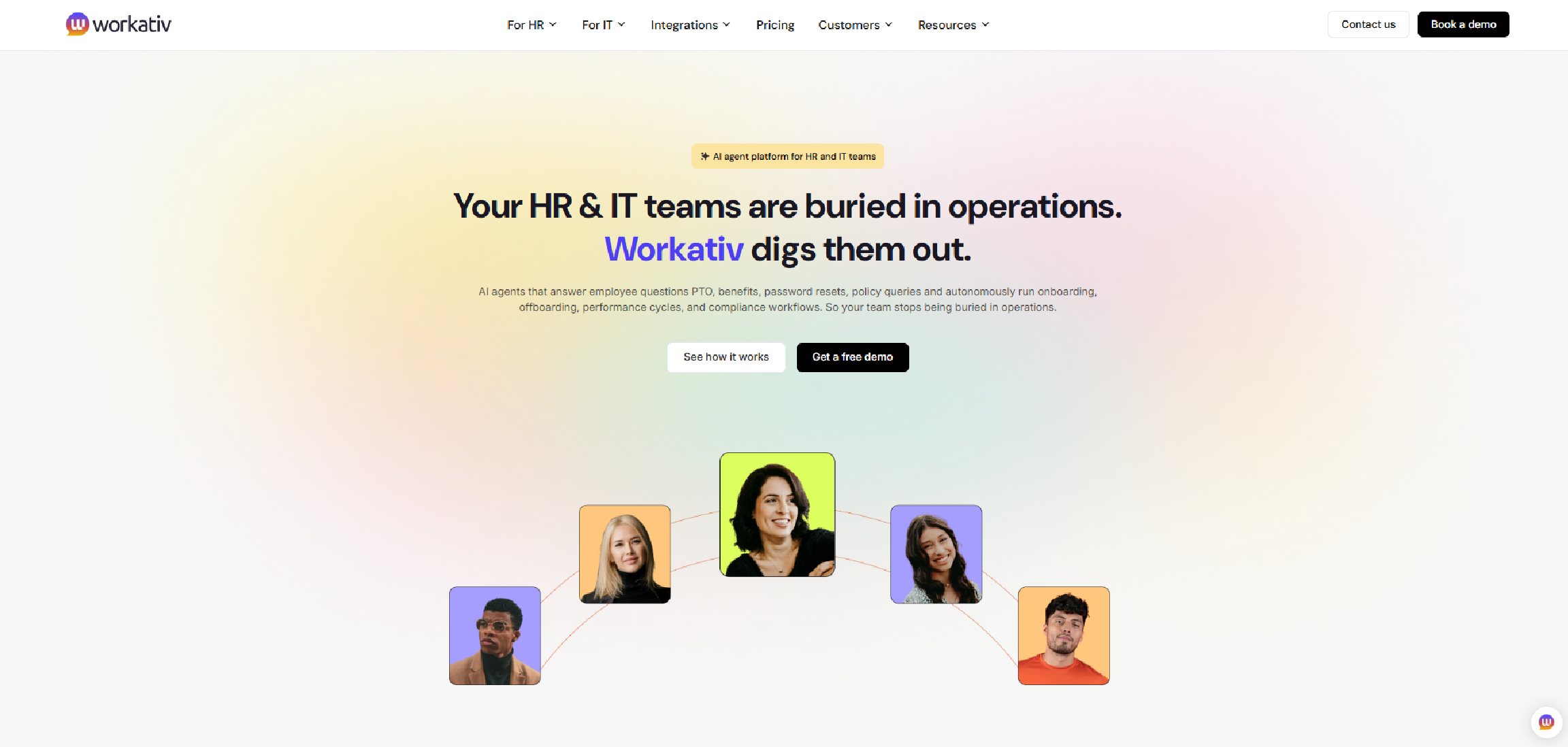 Workativ homepage presenting AI agents for HR and IT teams