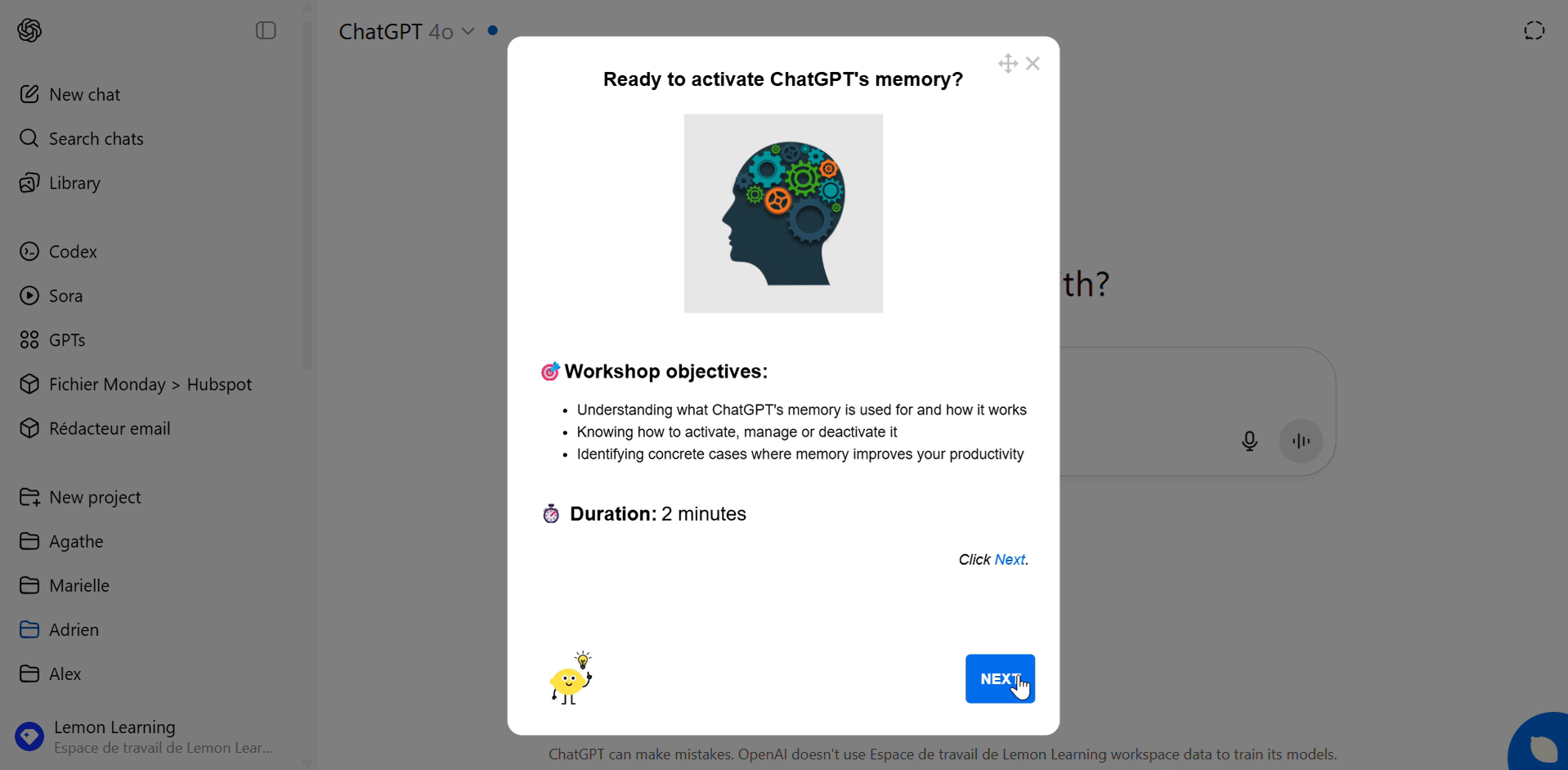 Lemon training content on ChatGPT memory and data settings