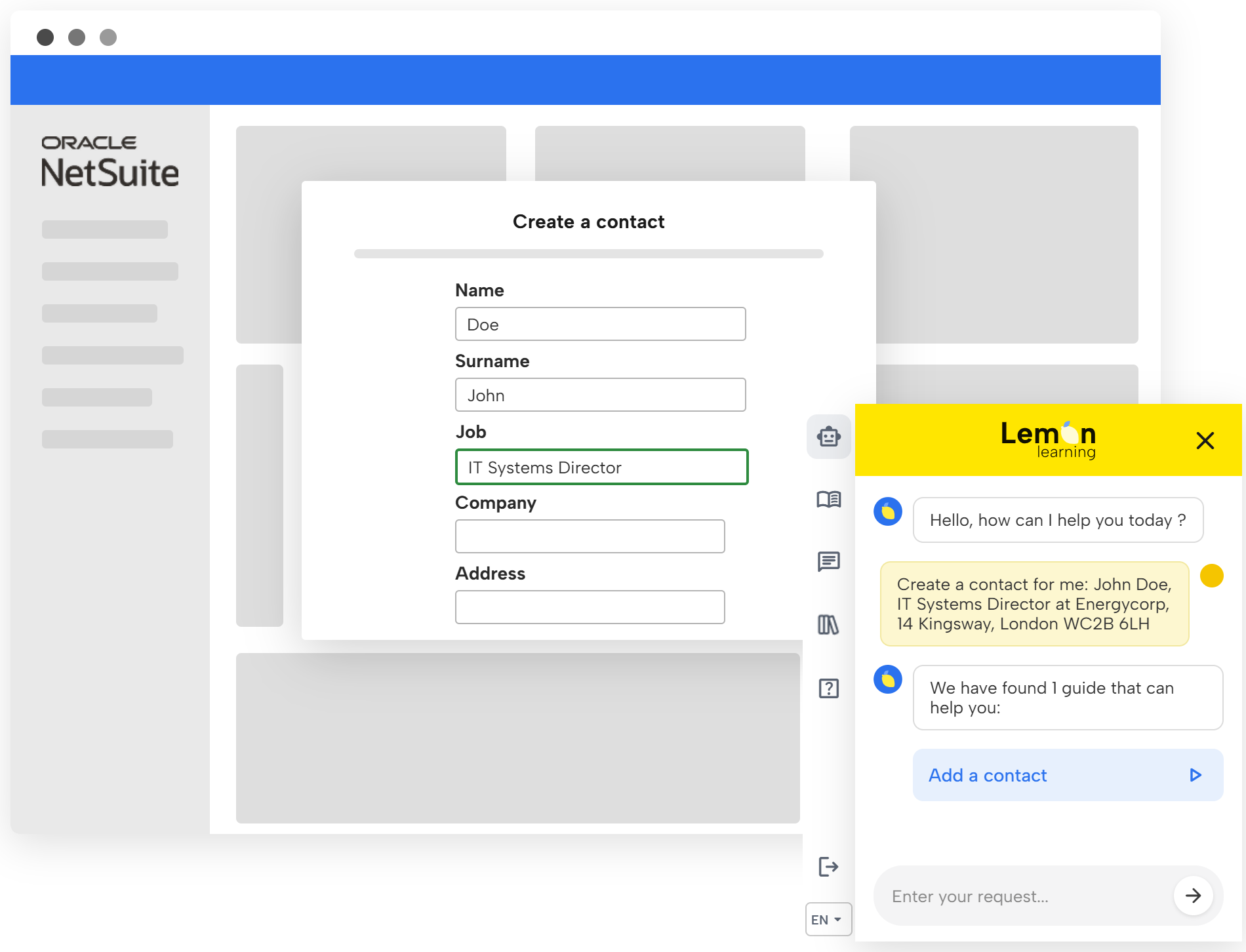 Lemon Adoption — in-app guide running on a live NetSuite screen
