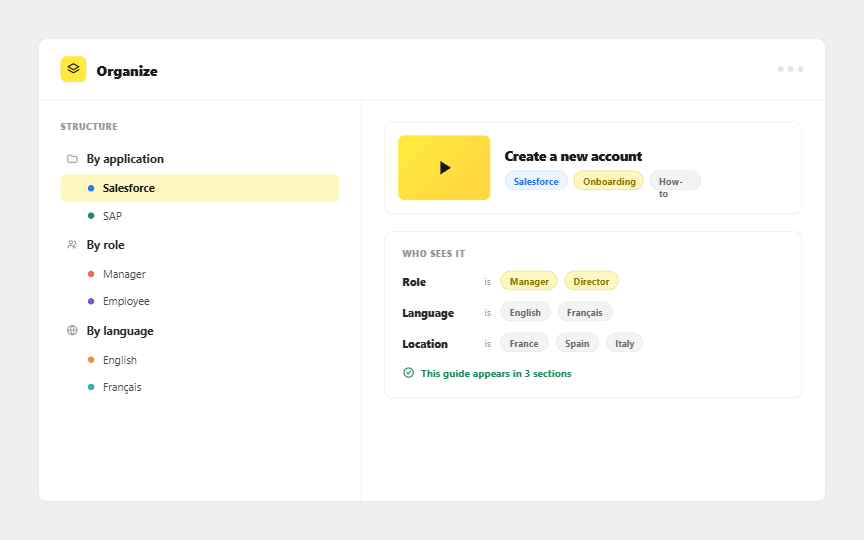 Organize content by topic and role