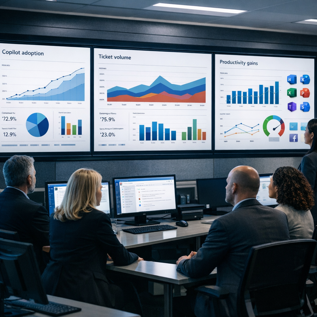 IT and transformation leaders in an operations center review analytics dashboards showing Copilot adoption, assisted hours, ticket volume, and ROI across Microsoft 365.
