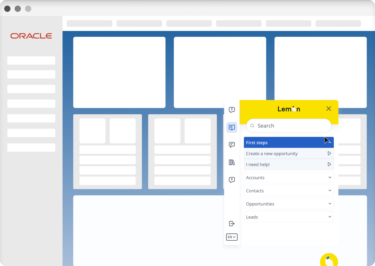 Lemon Adoption — in-app guide running on a live Oracle screen