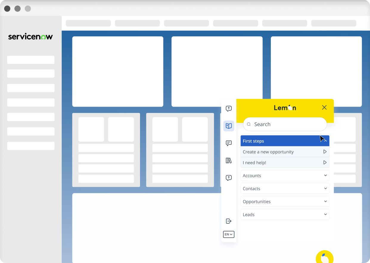 Lemon interactive guide running step by step inside ServiceNow